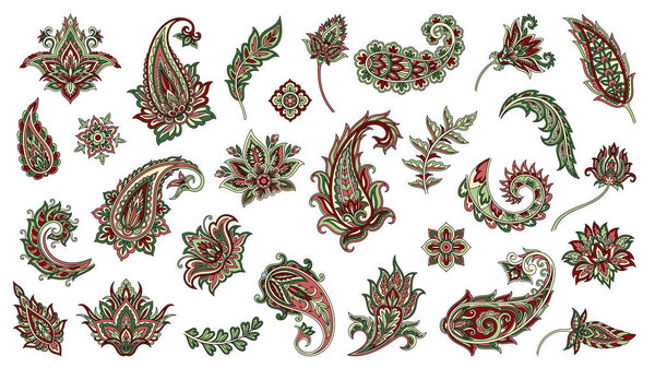 Traditional Indian paisley set. Oriental cultural ornament in form of drops and floral elements. Ethnic symbols for textiles and fabrics. Cartoon flat vector collection isolated on white background