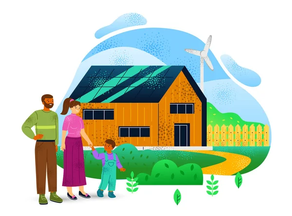 People and ecology. Family cares about environment and leads sustainable lifestyle. House with solar panels and windmill for eco energy. Cartoon flat vector illustration isolated on white background