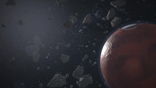 宇宙的风景 看到一个由小行星 石头或陨石组成的带在红色的行星周围缓慢移动 恒星和太阳在漆黑的宇宙深渊中闪耀 现实的3D 4K动画电影 — 图库视频影像
