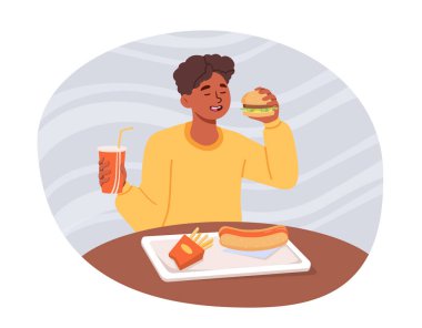 Çocuk fast food konsepti yiyor. Kafede ya da restoranda hamburger, patates kızartması ve sosisli sandviç yiyen bir genç. Yemek servisinde abur cubur ve sağlıksız yemek yeme karakteri. Çizgi film düz vektör çizimi