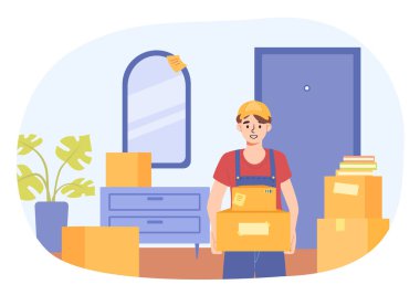 Yükleyiciler konseptiyle taşınmak. Evinde kutuları olan üniformalı bir adam. Yer değiştirme ve göç. Eşyaları yükleyen kişi sahiplerinin başka bir evde araba kullanmasına yardımcı olur. Çizgi film düz vektör çizimi