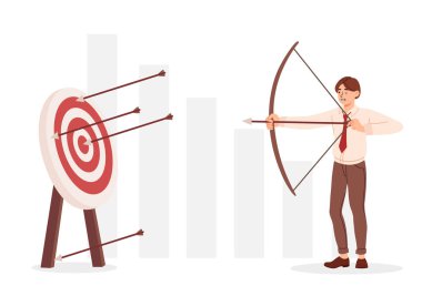 Archer hedef kavramına ateş ediyor. Pruvalı adam tam on ikiden vurdu. Gelecek ve planlama vizyonu. İstatistik ve bilgi grafikleri yöneticisi. Doğruluk sporu eğitimi. Çizgi film düz vektör çizimi