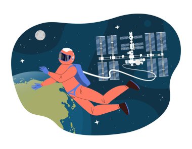 Uzay konseptinde astronot. Mekiğin yanında takım elbiseli bir adam. Uzay bilimsel keşifleri. Seyahat ve macera. Gezegenlerin yakınındaki yıldızlarda bir karakter. Galaksi ve evren. Çizgi film düz vektör çizimi