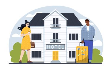 Otel konseptine yakın insanlar. Bir sürü odası olan, bavulu olan bir kadın ve koca. Seyahat ve turizm. Online rezervasyon ve mobil uygulama. Çizgi film düz vektör çizimi