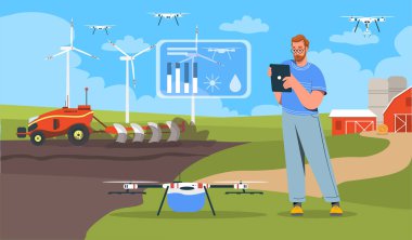 Akıllı çiftlik vektörü konsepti olan bir adam. Quadcopter ve bilgi grafikleri olan genç bir adam. Çiftçilik, tarım, tarım. Ekin ve toprak analizi. Çiftlikte yenilikler. Çizgi film düz vektör çizimi