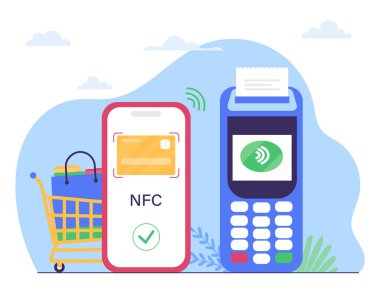 NFC ödeme vektörü konsepti. Elektronik transferler, işlemler, nakit ödemeler ve online alışveriş. Saha iletişim protokolünün yanında. Gadget ve cihaz. Çizgi film düz vektör çizimi