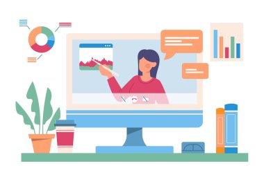 Çevrimiçi buluşma konsepti. Bilgisayarda grafikleri ve diyagramları olan genç bir kız. Çevrimiçi sunum, istatistik ve bilgi grafikleri. Analitik ve veri görselleştirme. Çizgi film düz vektör çizimi