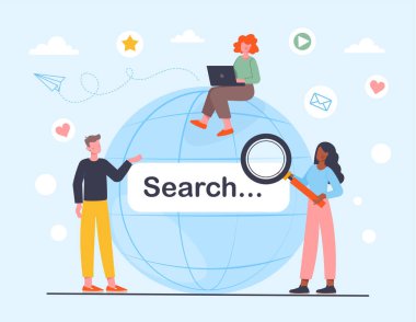 İnsanlar internet konseptinde sörf yapıyor. Dünya 'nın yakınında büyüteç ve dizüstü bilgisayarı olan kadın ve erkekler. Kablosuz bağlantı ve sosyal haberciler hakkında bilgi alışverişi. Çizgi film düz vektör çizimi