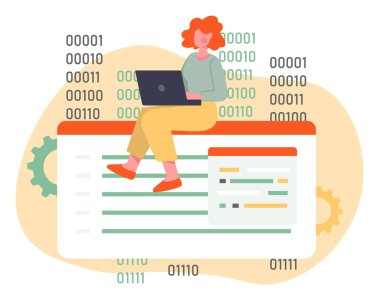 İkili kod konsepti olan bir kadın. Dizüstü bilgisayarı olan genç bir kız web sitesinde oturuyor. Programcı ve bilişim uzmanı, arka uç geliştiricisi. Uygulama ve yazılım. Çizgi film düz vektör çizimi