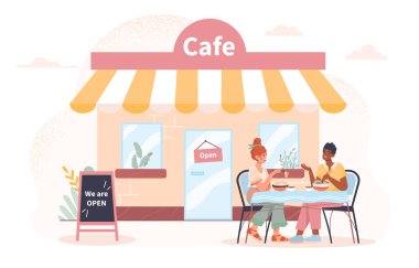 Açık kafe konseptine yakın insanlar. Yemek ve küçük işletmeler. Öğrenciler ya da arkadaşlar birlikte vakit geçiriyorlar. Kafe ya da restoran. İş arkadaşlarıyla toplantı. Çizgi film düz vektör çizimi