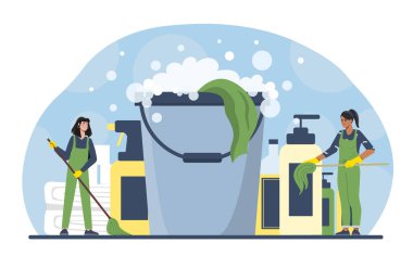 Temizlik personeli konsepti. Üniformalı kadınlar büyük paspasın, kovanın, temizlik ürünlerinin ve deterjanın yanında. Temizlik ve hijyen. Köpüklü sabun ve sprey. Çizgi film düz vektör çizimi