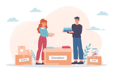 People with donation boxes concept. Man and woman ith clothes for foundation. Charity and kindness, generosity. Aid, support and care. Activists and volunteers. Cartoon flat vector illustration clipart