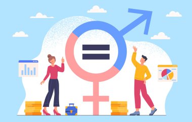 Gender equality concept. Man and woman with sex symbols near golden coins. Equal career opportunities for boys and girls. Equality and antidiscrimination, feminism. Cartoon flat vector illustration clipart