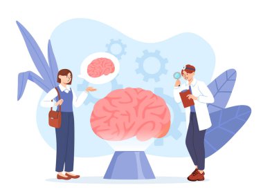 Ağrı kafalı genç kız. Uzmanı olan bir kadın beyni inceliyor. Doktorun hastası. Teşhis ve tedavi, sağlık hizmetleri. Nörolojik muayene. Çizgi film düz vektör çizimi