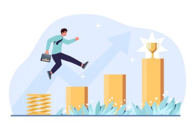 Adam gol konseptine atlıyor. Genç adam altın kupaya tırmanıyor. Liderlik ve motivasyon. Ödül, ödül ve ödül. Başlangıç olarak iş adamı, proje. Çizgi film düz vektör çizimi