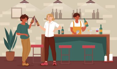 Bar konseptinde içki içen adam. Alkollü içki şişeleri olan genç bir adam ve kız. İnsanlar barda ya da kafede dinleniyor. Parti veya etkinlik, disko. İçki ve alkol. Çizgi film düz vektör çizimi