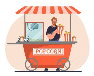 Patlamış mısır satan adam. Fast food, catering ve cafe. Bir sürü abur cubur yiyen genç adam. Şehir altyapısı. Web sitesi afişi ya da afişi. Çizgi film düz vektör çizimi