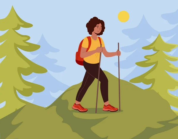 Girl Walk Forest Concept Woman Backpack Hill Hiking Camping Active — Stock Vector