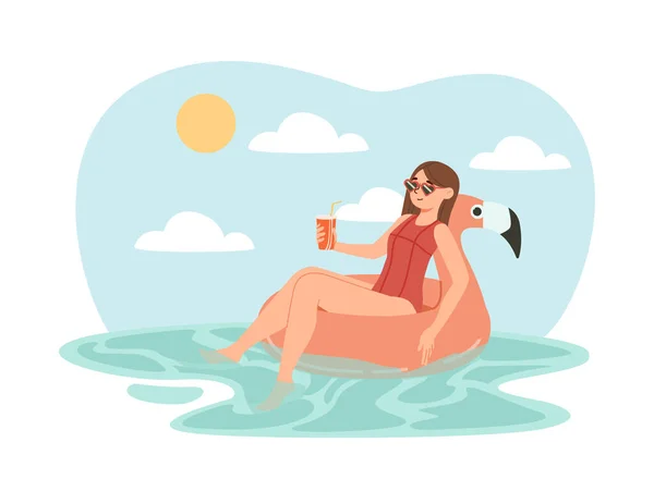 Mujer Con Concepto Relax Verano Chica Joven Traje Baño Con — Vector de stock