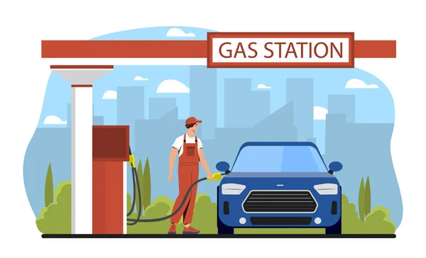 ガソリンスタンドのコンセプトの労働者 制服の男はガソリンで車のガソリンタンクを満たしています 燃料とエネルギー ブルーカーと自動車 輸送の給油について 漫画フラットベクターイラスト — ストックベクタ