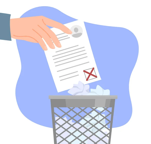 Χέρι Πετάει Έγγραφο Στα Σκουπίδια Επιχειρηματίας Απορρίπτει Υποψήφιος Βιογραφικό Για — Διανυσματικό Αρχείο