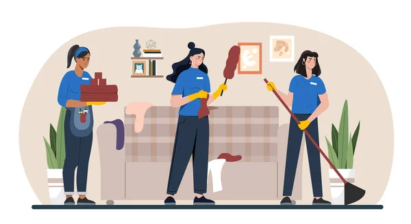 Servicio Limpieza Casa Concepto Mujeres Uniforme Apartamento Limpio Personal Lava — Vector de stock