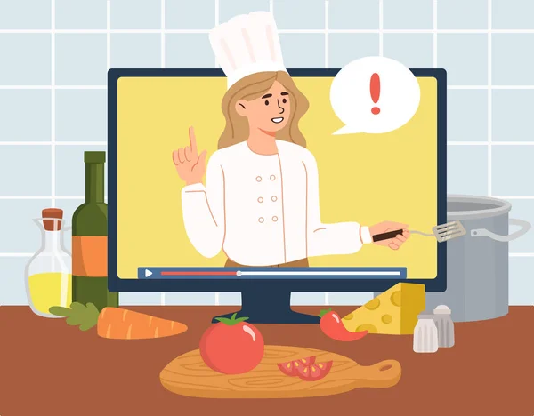 オンライン料理チュートリアルコンセプト シェフの帽子の女性は料理のレシピを伝えます 野菜や果物からの準備のマスタークラス ソーシャルネットワークのブロガー 漫画フラットベクターイラスト — ストックベクタ