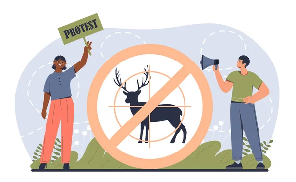 保护动物的横幅 男人和女人站在海报旁边 侧面勾勒出麋鹿的轮廓 积极分子和志愿者抗议打猎和残忍行为 卡通平面矢量插图 — 图库矢量图片