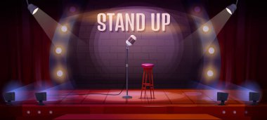 Standup sahne posteri. Sandalyesi, mikrofonu, sabunu ve perdesi olan renkli bir manzara. Karaoke konserleri, müzik yarışmaları, performanslar ve komedi şovları için sahne. Çizgi film düz vektör çizimi