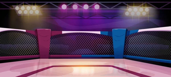 ボクシングリングポスター 戦いのためのスポーツアリーナを持つパノラマ スポットライト フェンス 空の観客席を持つMmaチャンピオンシップのためのプラットフォームを備えたバナー 漫画フラットベクターイラスト — ストックベクタ