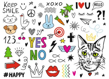 El çizimi karalama seti. Çizgi ve işaretle ana hatlarını çiz, kediler ve köpekler, yıldız ve kalp, sayı ve metin. Dövme ve duvar kağıdı tasarımı için baskı. Beyaz arkaplanda izole edilmiş doğrusal düz vektör