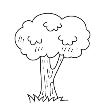 Karalama boyama sayfası. Ağaç ve çimlerin çizildiği siyah beyaz bir taslak. Doğa, orman ve manzara konsepti. Beyaz arkaplanda izole edilmiş doğrusal düz vektör çizimi