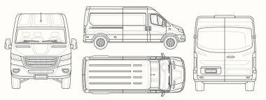 Van şeması şablonu. Otomobil reklamı için hafif kamyonlu ya da minibüslü taslak. Ford Transit ulaşım planı sanat tarzında. Beyaz arkaplanda izole edilmiş doğrusal düz vektör koleksiyonu