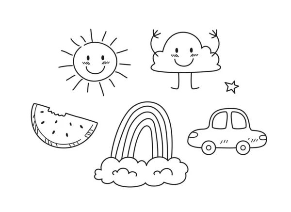 Set Pagina Colorare Doodle Stampa Carina Con Sole Nuvole Sorridenti — Vettoriale Stock