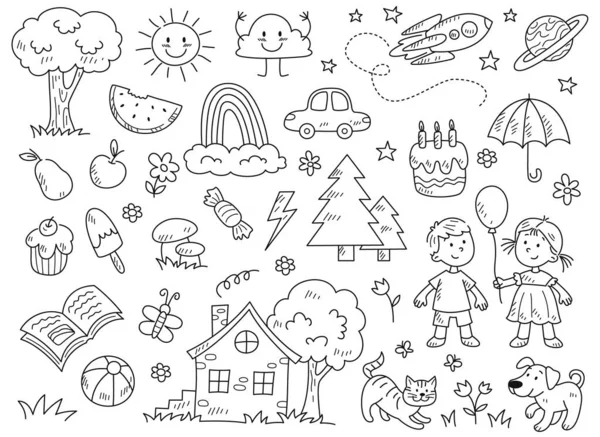 Set Pagina Colorare Doodle Schizzo Con Bambini Sole Sorridente Arcobaleno — Vettoriale Stock