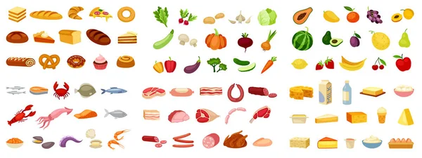 食物贴纸设定 五颜六色的图标 乳制品和肉制品 蔬菜和水果 海鲜和烘焙 健康的生活方式概念 在白色背景下孤立的卡通平面矢量集合 — 图库矢量图片