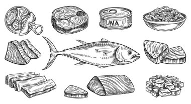 Ton balıklı eskiz. Lezzetli sağlıklı balık filetosu, menüler ve market için konserve yiyecek. Retro deniz ürünleri ve organik ürünler. El çizimi vektör koleksiyonu beyaz arkaplanda izole edildi