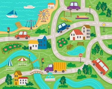 Şehrimin yol haritası. Güzel arabaları ve otobüsleri olan yollar ve sokaklar, plaj ve deniz, eğlence ve evler, nehir ve ağaçlar. Çocuklar için renkli tasarım. Çizgi film düz vektör çizimi