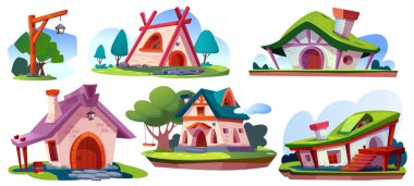 Orman sevimli ev seti. Cüce vadisi ya da büyülü köy binaları. Oyun arayüzü tasarımı için Isometric Fairhouse çizimleri. Çizgi film düz vektör koleksiyonu beyaz arkaplanda izole edildi