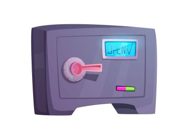 Kasa ya da kasa. Elektronik ekranı ve şifresi olan metal kilit kutusu. ui oyun tasarımı için kapalı izometrik lealistik nesne. Çizgi film düz vektör çizimi beyaz arkaplanda izole edildi