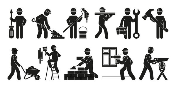 Stickmen silhouettes set. Stylized carpenter people building bricks, painting walls holding screwdriver and wrench, sawing and digging. Cartoon flat vector collection isolated on white background