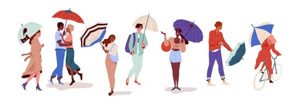 Menschen Gehen Mit Regenschirmen Charaktere Gehen Die Straße Entlang Und — Stockvektor