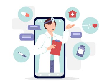 Doktor online konsepti. Medikal üniformalı adam akıllı telefon ekranında, teletıp. Teşhis ve tedavi. Uyuşturucu, hap ve ilaç kullanan genç bir adam. Çizgi film düz vektör çizimi