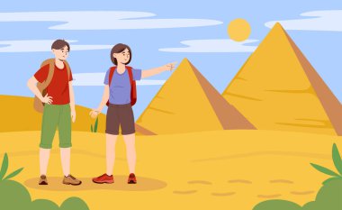 İnsanlar tatlı konseptiyle seyahat eder. Sırt çantalı kadın ve erkek priramitlerin arka planına karşı dururlar. Seyahat ve turizm, aktif yaşam tarzı. Mısır 'da genç bir çift. Çizgi film düz vektör çizimi