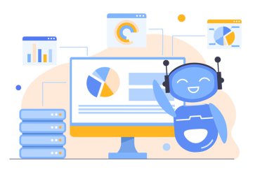 Veri çıkarma konsepti. Grafiklerin ve grafiklerin arka planında robot var. Otomasyon ve makine öğrenimi, yapay zeka. Bilgiye sahip Chatbot. Çizgi film düz vektör çizimi