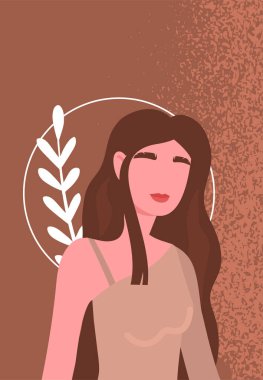 Kadın konseptinin moda portresi. Yaprak ve dairenin arka planındaki genç kız. Estetik ve zarafet, güzellik ve cazibe. Poster ya da afiş, kapak. Çizgi film düz vektör çizimi