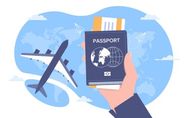 Pasaport konseptli uçak bileti. Seyahat ve göç. Turizm, uçuş ve gezi, yolculuk. Tatil ve tatil. Uçağa geç. Şablon, yerleşim ve modelleme. Çizgi film düz vektör çizimi