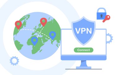 VPN servis konsepti. İnternet güvenliği ve güvenliği. Sanal özel ağ teknolojisi. Bilgisayarlar için uzak sunucular ve yazılım. Program ve uygulama. Çizgi film düz vektör çizimi