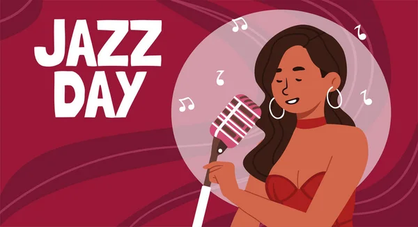 Concepto Jazz Day Mujer Con Micrófono Vestido Rojo Cantante Interpreta — Archivo Imágenes Vectoriales