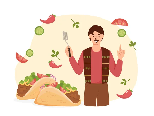メキシコ料理のコンセプトを持つ男 ブルリトやタコに近い スパチュラを持った若者だ 野菜と肉 伝統的なメキシコ料理と料理の小麦製品 漫画フラットベクターイラスト — ストックベクタ